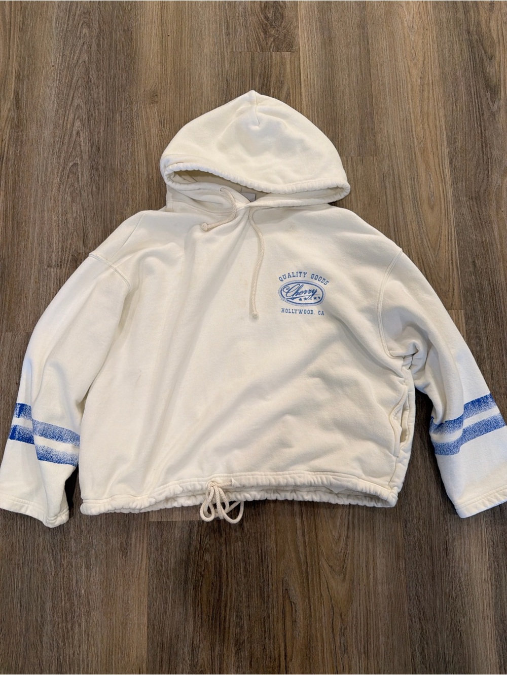 Cherry LA White Hoodie with Blue Stripe Sleeve Detail